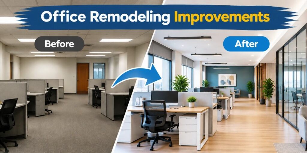 Modern office before-and-after remodeling improvements.