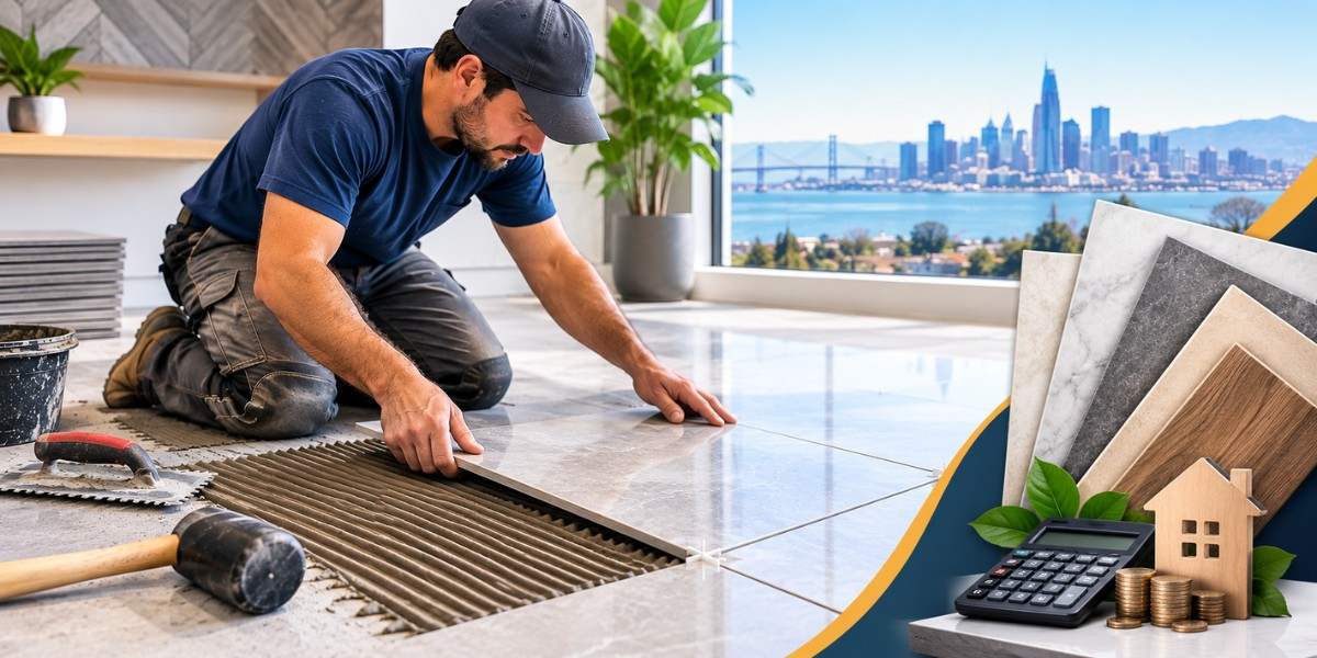 Tile installer laying floor tiles with tools